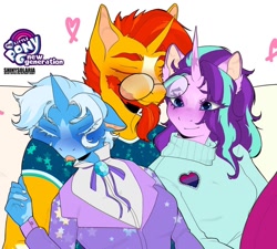 Size: 1080x972 | Tagged: safe, alternate version, artist:shinysolaria, starlight glimmer, sunburst, trixie, unicorn, anthro, g4, beard, bisexual, clothes, colored eyelashes, cuddling, eye clipping through hair, eyes closed, facial hair, female, glasses, heart, leonine tail, lesbian, male, pants, polyamory, ship:startrixburst, shipping, shirt, simple background, straight, sunburst gets all the mares, sweater, tail, trio, white background