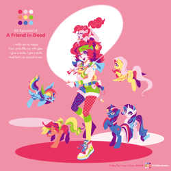 Size: 1000x1000 | Tagged: safe, artist:735illustration, artist:nitlo, applejack, fluttershy, pinkie pie, rainbow dash, rarity, twilight sparkle, earth pony, human, pegasus, pony, unicorn, a friend in deed, g4, belt, bow, clothes, female, flying, headband, human ponidox, humanized, jump rope, limited palette, lineless, lyrics, mane six, mare, pixiv, self paradox, self ponidox, smile song, sneakers, text, white pupils, wingding eyes