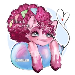 Size: 1440x1440 | Tagged: safe, artist:shinysolaria, pinkie pie, earth pony, pony, g4, alternate hairstyle, balloon, solo, thank you