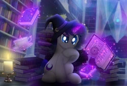 Size: 2048x1393 | Tagged: safe, artist:jade breeze, oc, oc:moonlit silver, pony, blue eyes, book, bookshelf, candle, clip art, detailed background, eyeshadow, gradient mane, gradient tail, hat, lens flare, library, magic, makeup, screencap background, shiny eyes, short tail, sparkles, tail, telekinesis, witch, witch hat