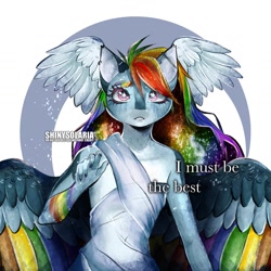 Size: 1440x1440 | Tagged: safe, artist:shinysolaria, part of a set, rainbow dash, pegasus, anthro, g4, clothes, colored wings, ear piercing, female, head wings, industrial piercing, multicolored wings, piercing, rainbow wings, see-through, solo, starry eyes, wingding eyes, wings