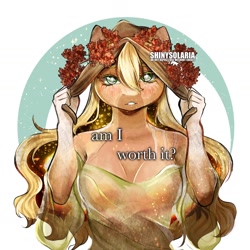 Size: 1440x1440 | Tagged: safe, artist:shinysolaria, part of a set, applejack, earth pony, anthro, g4, cloth, clothes, female, floral head wreath, flower, loose hair, see-through, solo
