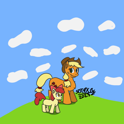 Size: 900x900 | Tagged: safe, artist:sdtwilan9x, apple bloom, applejack, earth pony, pony, g4, duo, female, siblings, signature, sisters