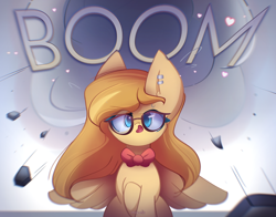 Size: 2300x1800 | Tagged: safe, artist:miryelis, oc, oc only, pegasus, pony, boom, bow, commission, glasses, high res, long hair, looking at you, rock, scared, sitting, solo, spread wings, text, wings