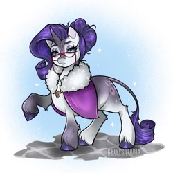 Size: 1440x1440 | Tagged: safe, artist:shinysolaria, rarity, classical unicorn, pony, unicorn, g4, alternate hairstyle, capelet, cloven hooves, coat markings, glasses, horn, leonine tail, lidded eyes, raised hoof, redesign, solo, tail, unshorn fetlocks