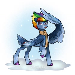 Size: 1440x1440 | Tagged: safe, artist:shinysolaria, rainbow dash, pegasus, pony, g4, :p, alternate hairstyle, bandaid, bandaid on nose, clothes, colored wings, concave belly, gradient wings, raised hoof, redesign, scarf, short mane, slender, solo, tail, tail feathers, thin, tongue out, unshorn fetlocks, wing gesture, wings