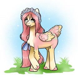 Size: 1440x1440 | Tagged: safe, artist:shinysolaria, fluttershy, pegasus, pony, g4, alternate hairstyle, coat markings, colored wings, floral head wreath, flower, redesign, socks (coat markings), solo, tail, tail feathers, two toned wings, wings