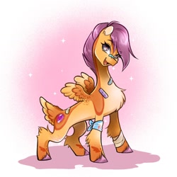 Size: 1440x1440 | Tagged: safe, artist:shinysolaria, scootaloo, pegasus, pony, g4, bandage, bandaid, bandaid on nose, chest fluff, concave belly, countershading, open mouth, open smile, quadrupedal, rainbow dash's cutie mark, redesign, slender, small wings, smiling, solo, standing, tail, tail feathers, thin, unshorn fetlocks, wings