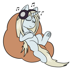 Size: 1111x1063 | Tagged: safe, artist:scraggleman, oc, oc:synthwave, pony, unicorn, bags under eyes, beanbag chair, eyes closed, headphones, male, music notes, simple background, stallion, transparent background, underhoof