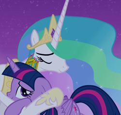 Size: 756x720 | Tagged: safe, screencap, princess celestia, twilight sparkle, alicorn, pony, g4, season 4, twilight's kingdom, cropped, cute, cutelestia, duo, duo female, eyes closed, female, folded wings, hug, mane, mare, momlestia, multicolored mane, multicolored tail, new crown, smiling, song, tail, twiabetes, twilight sparkle (alicorn), wings, you'll play your part