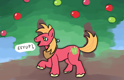 Size: 2000x1287 | Tagged: safe, artist:nerdynordic, big macintosh, earth pony, pony, g4, apple, apple tree, eeyup, food, male, raised hoof, solo, stallion, sweet apple acres, tree