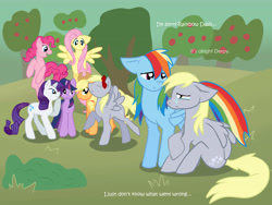 Size: 4000x3000 | Tagged: safe, artist:symrea, applejack, derpy hooves, fluttershy, pinkie pie, rainbow dash, rarity, twilight sparkle, earth pony, pegasus, pony, unicorn, g4, apple, apple tree, comforting, crying, derpygate, drama, i just don't know what went wrong, old art, tree