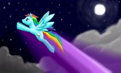 Size: 5000x3000 | Tagged: safe, artist:symrea, rainbow dash, pegasus, pony, g4, cloud, flying, moon, night, old art, solo, speed trail