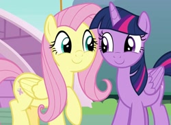Size: 1273x926 | Tagged: safe, screencap, fluttershy, twilight sparkle, alicorn, pegasus, pony, g4, season 8, yakity-sax, bridge, cropped, cute, duo, duo female, eye contact, female, looking at each other, looking at someone, mare, raised hoof, shyabetes, smiling, twiabetes, twilight sparkle (alicorn)