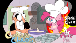 Size: 1920x1080 | Tagged: safe, artist:zodiacx10, pinkie pie, earth pony, human, pony, g4, chef's hat, crossover, duo, female, fire, flour, hat, kitchen, male, mare, meme, peppino spaghetti, pizza tower, pizza tower 'special guest' fanart, smiling, title card