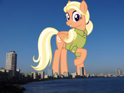 Size: 1920x1440 | Tagged: safe, anonymous editor, artist:cheezedoodle96, edit, mane allgood, pegasus, pony, g4, clothes, cuba, female, folded wings, giant pegasus, giant pony, giantess, grin, havana, highrise ponies, irl, looking at you, macro, mare, mega giant, photo, ponies in real life, raised hoof, shirt, smiling, solo, story included, wings