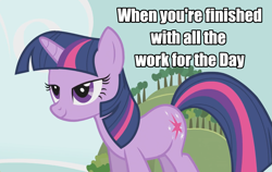 Size: 1307x826 | Tagged: safe, edit, edited screencap, screencap, twilight sparkle, pony, unicorn, g4, season 1, winter wrap up, caption, female, image macro, mare, meme, relaxed, relaxed face, relieved, smiling, solo, standing, text, unicorn twilight