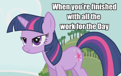 Size: 1307x826 | Tagged: safe, edit, edited screencap, screencap, twilight sparkle, pony, unicorn, g4, my little pony: friendship is magic, season 1, winter wrap up, caption, female, image macro, mare, meme, relaxed, relaxed face, relieved, smiling, solo, standing, text, unicorn twilight