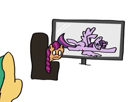 Size: 946x757 | Tagged: safe, artist:nerdynordic, hitch trailblazer, sunny starscout, twilight sparkle, alicorn, earth pony, pony, g5, caught, chair, draw me like one of your french girls, embarrassed, female, internet, male, monitor, simple background, spread wings, twilight sparkle (alicorn), white background, wings