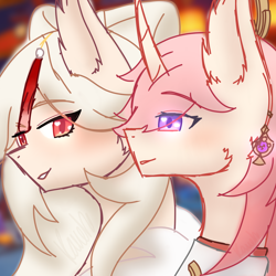 Size: 2000x2000 | Tagged: safe, artist:asiandra dash, earth pony, pony, unicorn, colored, colored sketch, ear piercing, earring, female, genshin impact, high res, horn, jewelry, lipstick, mare, ningguang (genshin impact), piercing, ponified, sketch, yae miko (genshin impact)