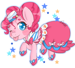 Size: 786x712 | Tagged: safe, artist:derpyvr, pinkie pie, earth pony, pony, g4, blush sticker, blushing, clothes, cute, diapinkes, dress, female, gala dress, looking at you, mare, one eye closed, simple background, solo, tongue out, transparent background, wink, winking at you