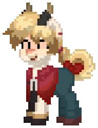 Size: 672x880 | Tagged: safe, artist:asiandra dash, earth pony, pony, pony town, animated, bow, clothes, ear piercing, earring, eyes closed, genshin impact, gif, gloves, hair tie, horn, horns, jewelry, laughing, male, open mouth, piercing, pixel art, ponified, ribbon, shoes, simple background, solo, thoma (genshin impact), transparent background