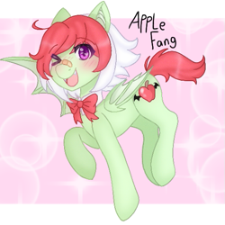 Size: 513x513 | Tagged: safe, artist:derpyvr, oc, oc only, oc:apple fang, bat pony, pony, abstract background, bat pony oc, blushing, bowtie, looking at you, one eye closed, one wing out, open mouth, open smile, smiling, smiling at you, solo, sparkles, wings, wink, winking at you