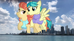 Size: 2048x1152 | Tagged: safe, anonymous editor, artist:cheezedoodle96, edit, aunt holiday, auntie lofty, earth pony, pegasus, pony, g4, chicago, clothes, female, giant pony, giantess, highrise ponies, illinois, irl, lesbian, macro, mare, photo, ponies in real life, rearing, scarf, ship:lofty day, shipping, spread wings, story included, sweater, wings