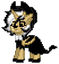 Size: 520x570 | Tagged: safe, artist:asiandra dash, oc, oc only, oc:asiandra dash, demon, demon pony, pony, pony town, animated, bendy and the ink machine, bowtie, clothes, dress, eyeroll, fangs, freckles, gif, hat, horn, palindrome get, pixel art, simple background, solo, standing, transparent background