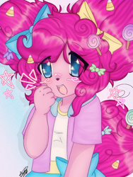 Size: 768x1024 | Tagged: safe, artist:derpyvr, pinkie pie, anthro, g4, candy, candy in hair, cute, diapinkes, emanata, eye clipping through hair, female, food, furry, looking at you, open mouth, open smile, smiling, smiling at you, solo, species swap