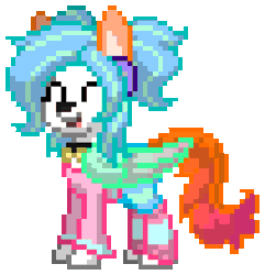 Size: 520x540 | Tagged: safe, artist:asiandra dash, oc, oc only, oc:adrinna, earth pony, pony, pony town, animated, bunny ears, clothes, colored wings, eyes closed, gif, gradient tail, gradient wings, headphones, jewelry, laughing, necklace, open mouth, pants, pixel art, ponified, ponytail, shirt, simple background, solo, stockings, tail, thigh highs, transparent background, wings