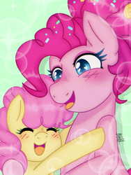 Size: 768x1024 | Tagged: safe, artist:derpyvr, li'l cheese, pinkie pie, earth pony, pony, g4, the last problem, blushing, eyes closed, female, green background, heart, heart eyes, hug, mare, mother and child, mother and daughter, older, older pinkie pie, open mouth, open smile, simple background, smiling, wingding eyes