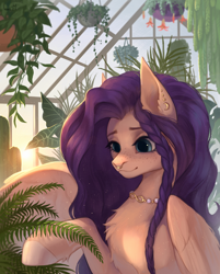 Size: 3058x3800 | Tagged: safe, artist:miurimau, oc, oc only, pegasus, pony, greenhouse, high res, jewelry, necklace, plant, solo, unshorn fetlocks