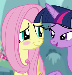 Size: 1044x1080 | Tagged: safe, screencap, fluttershy, twilight sparkle, alicorn, pegasus, pony, g4, it ain't easy being breezies, season 4, blushing, cropped, cute, duo, duo female, female, mare, out of context, shyabetes, smiling, twilight sparkle (alicorn)