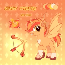 Size: 1280x1280 | Tagged: safe, artist:doodlesinky, oc, oc only, oc:sunny surefire, alicorn, bat pony, bat pony alicorn, pony, bat wings, horn, reference sheet, wings