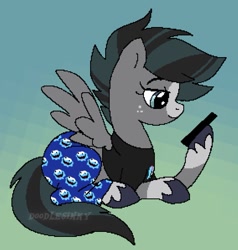 Size: 853x897 | Tagged: safe, artist:doodlesinky, oc, oc only, oc:inky doodles, pegasus, pony, cellphone, clothes, phone, smartphone