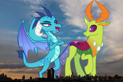 Size: 2047x1365 | Tagged: safe, anonymous editor, artist:dashiesparkle, artist:sketchmcreations, edit, princess ember, thorax, changedling, changeling, dragon, g4, dragon wings, dragoness, duo, female, giantess, highrise ponies, irl, king thorax, looking back, macro, male, manhattan, new york, new york city, open mouth, photo, ponies in real life, story included, wings