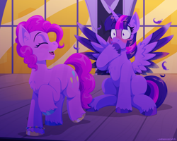 Size: 2000x1600 | Tagged: safe, artist:willoillo, pinkie pie, twilight sparkle, alicorn, earth pony, pony, g4, blushing, bracelet, feather, female, hoof over mouth, jewelry, lesbian, mare, night, ship:twinkie, shipping, spread wings, twilight sparkle (alicorn), unshorn fetlocks, window, wings
