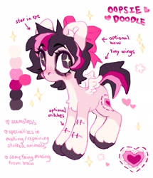 Size: 1762x2048 | Tagged: safe, artist:p0nyplanet, oc, oc only, oc:oopsie doodle, pegasus, pony, bow, hair bow, reference sheet, scar, simple background, small wings, solo, starry eyes, white background, wingding eyes, wings