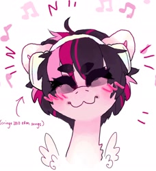 Size: 1864x2048 | Tagged: safe, artist:p0nyplanet, oc, oc only, oc:oopsie doodle, pegasus, pony, :3, ^^, beanbrows, blushing, bust, eyebrows, eyes closed, music notes, portrait, simple background, solo, white background