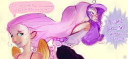 Size: 1280x590 | Tagged: safe, artist:yunni-yunni, fluttershy, rarity, human, g4, duo, female, glasses, horn, horned humanization, humanized, impossibly long hair, struggling, winged humanization, wings