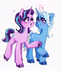 Size: 1762x2048 | Tagged: safe, artist:p0nyplanet, starlight glimmer, trixie, pony, unicorn, g4, cloven hooves, duo, duo female, eye clipping through hair, eye contact, female, heart, lesbian, looking at each other, looking at someone, mare, one eye closed, open mouth, open smile, ship:startrix, shipping, simple background, smiling, smiling at each other, white background