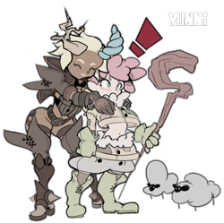 Size: 1280x1276 | Tagged: safe, alternate version, artist:yunni-yunni, discord, fluttershy, human, sheep, g4, butterscotch, colored, duo, duo male and female, eris, exclamation point, female, flat colors, height difference, horn, horned humanization, horns, hug, hug from behind, humanized, male, midriff, rule 63, simple background, staff, transparent background