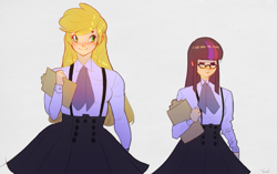Size: 1001x629 | Tagged: safe, artist:yunni-yunni, applejack, twilight sparkle, human, g4, clipboard, clothes, duo, glasses, human coloration, humanized, light skin, loose hair, shirt, simple background, skirt