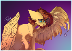 Size: 3500x2500 | Tagged: safe, artist:norvelrejclub, oc, oc only, oc:yuris, pegasus, pony, chest fluff, ears back, elbow fluff, feather fingers, female, freckles, gradient background, high res, jewelry, partially open wings, pendant, simple background, solo, spread wings, trade, wing hands, wings