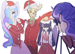 Size: 1280x925 | Tagged: safe, artist:yunni-yunni, discord, princess celestia, princess luna, twilight sparkle, alicorn, human, g4, camera, celestia is not amused, christmas, clothes, female, group photo, hair over eyes, hair over one eye, hat, holiday, horn, horned humanization, horns, humanized, male, monocle, santa hat, suit, suspenders, twilight sparkle (alicorn), unamused, winged humanization, wings