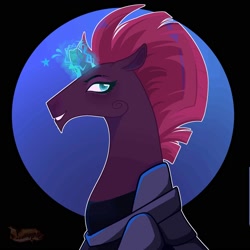 Size: 2000x2000 | Tagged: safe, artist:fourteennails, tempest shadow, pony, unicorn, g4, broken horn, bust, female, glowing, glowing horn, grin, high res, horn, looking at you, magic, magic aura, mare, profile, smiling, smiling at you, solo, sparks