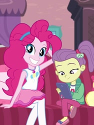 Size: 810x1080 | Tagged: safe, screencap, lily pad (g4), pinkie pie, human, equestria girls, g4, my little pony equestria girls: better together, pinkie sitting, cellphone, clothes, grin, pantyhose, phone, smiling