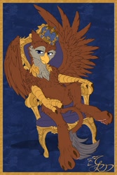 Size: 2083x3117 | Tagged: safe, artist:thatonegib, oc, oc only, oc:peregrine, griffon, claws, crown, griffon oc, high res, jewelry, looking at you, paws, regalia, sitting, smiling, smirk, solo, spread wings, throne, wings