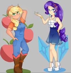 Size: 697x720 | Tagged: safe, artist:sunnyclare8, applejack, rarity, human, g4, apple, diamond, food, humanized, light skin, tan skin